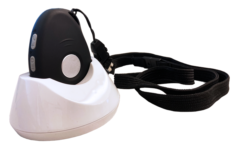 White and black electronic device with a leash on a white background