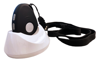 White and black electronic device with a leash on a white background